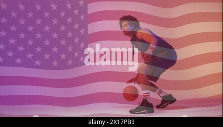 Image of american flag over african american male basketball opponent ...