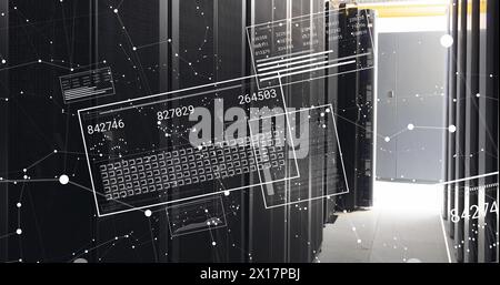 Image of interface with data processing and network of connections against computer server room Stock Photo
