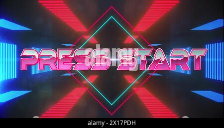 Image of press start text over neon pattern background Stock Photo
