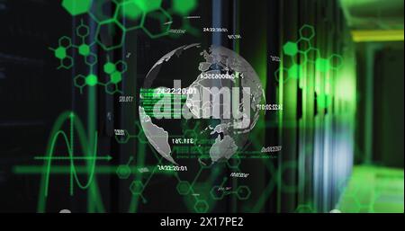 Image of molecule structures, computer language, numbers around globe over server room Stock Photo