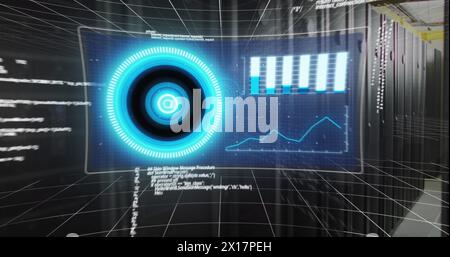 Image of screens with data processing against computer server room Stock Photo