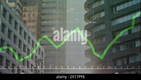 Image of green line and financial data processing over cityscape Stock Photo