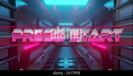 Image of press start text over neon pattern background Stock Photo