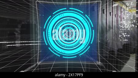 Image of screens with data processing against computer server room Stock Photo