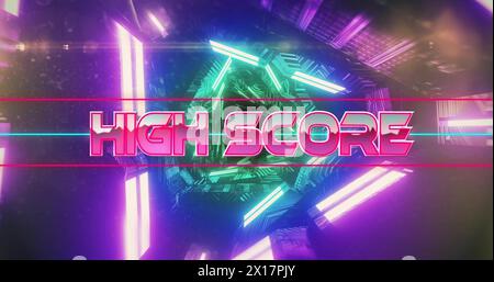Image of high score text over neon pattern background Stock Photo