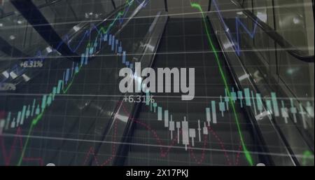 Image of financial data processing over escalator Stock Photo