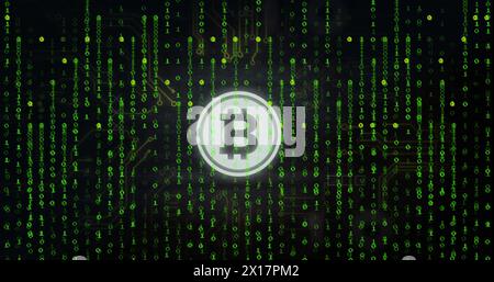 Image of bitcoin icon over binary coding data processing Stock Photo