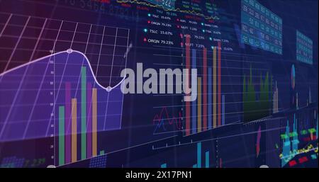 Image of statistics and financial data processing over grid Stock Photo