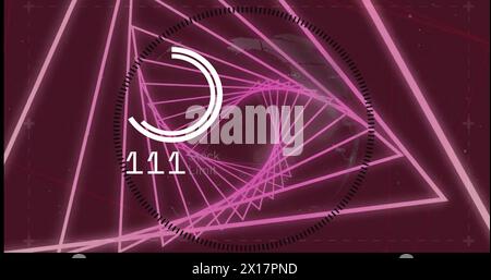 Image of data processing with globe over neon shapes on purple background Stock Photo