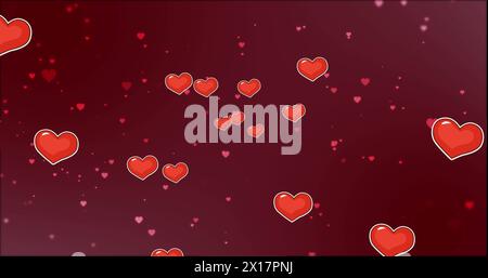 Image of hearts floating over red background Stock Photo