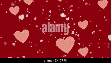 Image of hearts floating over red background Stock Photo
