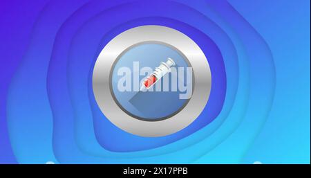 Image of syringe in blue circle in silver frame spinning on blue background Stock Photo