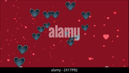 Image of hearts floating over red background Stock Photo
