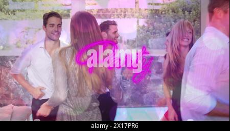Image of party text over smiling caucasian group of friends dancing at party Stock Photo