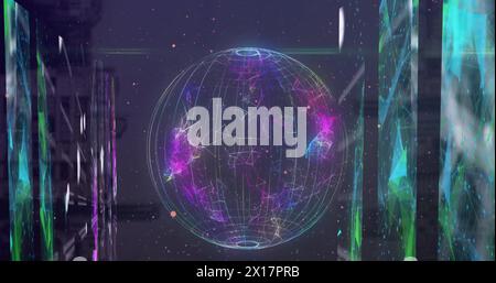 Image of globe made of connections and shapes moving over computer hardware Stock Photo