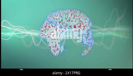 Image of globe over light trails on green background Stock Photo