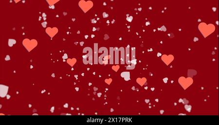 Image of hearts floating over red background Stock Photo