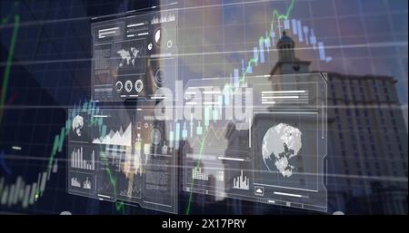 Image of data processing over cityscape Stock Photo