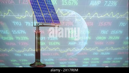 Image of financial data processing over solar panel and globe on blue background Stock Photo