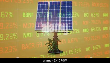 Image of financial data processing over solar panel on yellow background Stock Photo