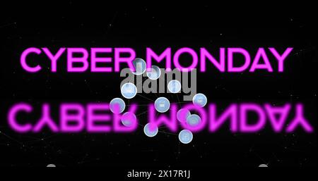 Image of cyber monday text over network of connections on data processing on dark background Stock Photo