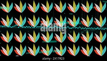Image of rows of leaves over graph and data processing on black background Stock Photo