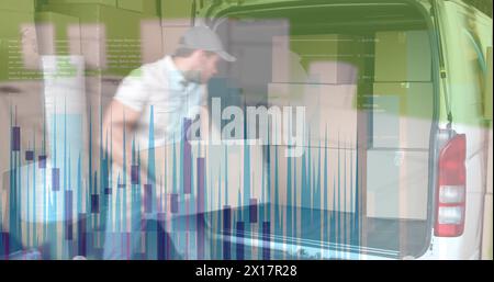 Image of financial data processing over caucasian male worker in warehouse Stock Photo