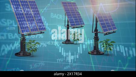 Image of solar panels with plants over graph and trading board Stock Photo