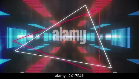 Image of neon triangles over blue and red lights on black background Stock Photo