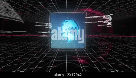 Image of globe, graphs and data processing on screens on black background Stock Photo