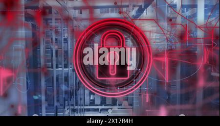Image of data processing and padlock over server room Stock Photo