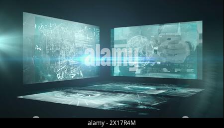 Image of blue light spot of multiple screens with data processing against green background Stock Photo