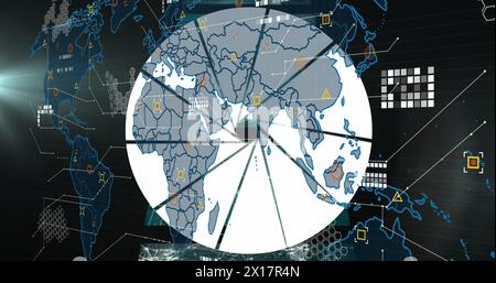 Image of data processing over world map against multiple screens with data processing Stock Photo