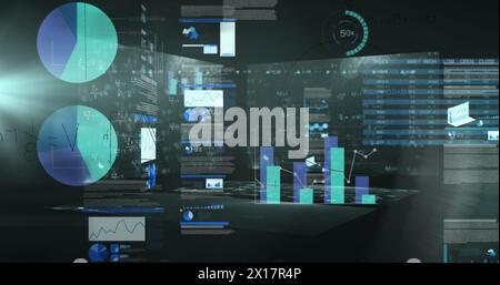 Image of data processing over mathematical equations on black background Stock Photo