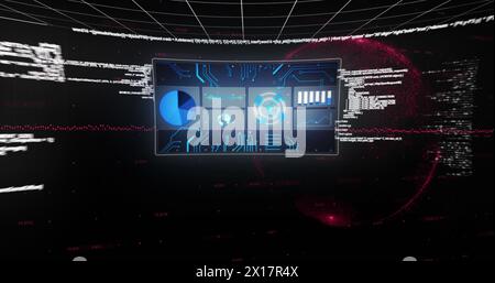 Image of globe, graphs and data processing on screens on black background Stock Photo