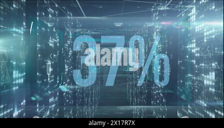 Image of increasing percentage over multiple screens with mosaic squares on blue background Stock Photo