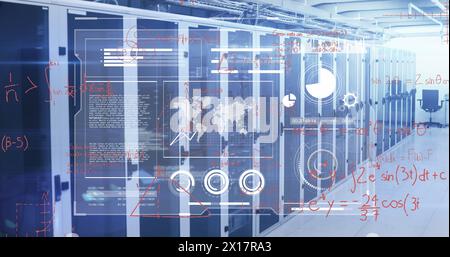 Image of graphs, map, database and mathematical equations over server room in background Stock Photo