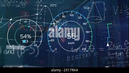 Image of speedometer, battery indicator, equations, database and falling digits over server room Stock Photo