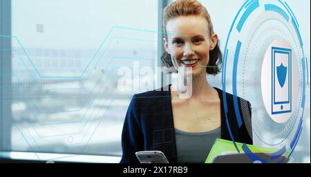 Image of scope scanning with icons over caucasian businesswoman using smartphone Stock Photo