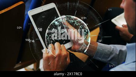 Image of globe over diverse business people using smartphones Stock Photo