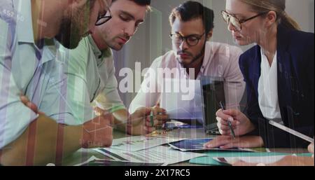 Image of financial data processing over group of business people Stock Photo