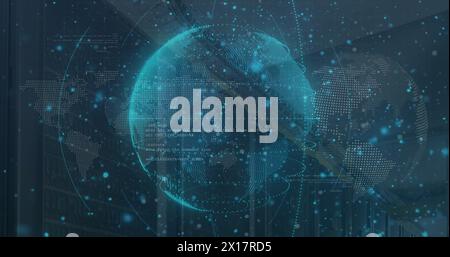 Image of abstract pattern around rotating globes over programming language and dots over map Stock Photo