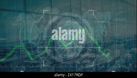 Image of fingerprint scanning in circle, green graph over map against aerial view of city Stock Photo