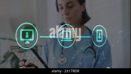 Image of dots connected with lines, icons in circles, caucasian female doctor using technology Stock Photo