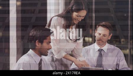 Image of financial data processing over group of business people Stock Photo