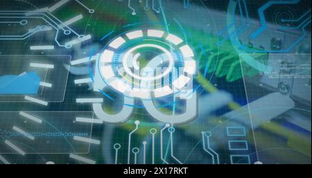 Image of 5g text, circles, radars and database over back panel of server storage equipment Stock Photo