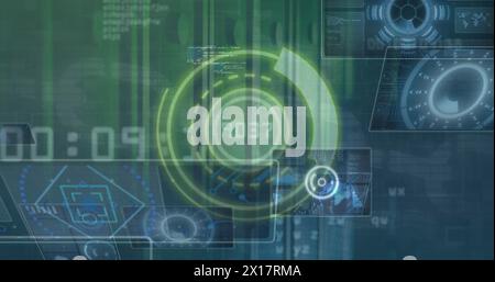 This image is a digital image of a digital interface with data processing against a black background Stock Photo