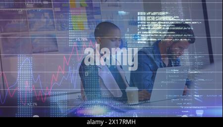 Image of graphs, binary codes, lens flare, programming language, diverse coworkers using laptop Stock Photo