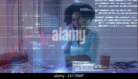 Image of binary codes, programming language, graphs, african american woman talking on cellphone Stock Photo