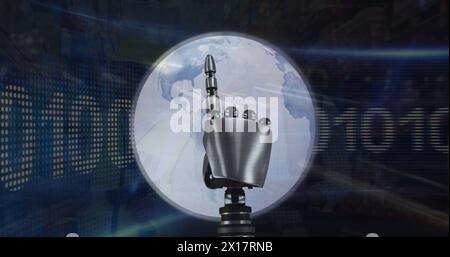 Image of globe and robotic hand over cars on street Stock Photo